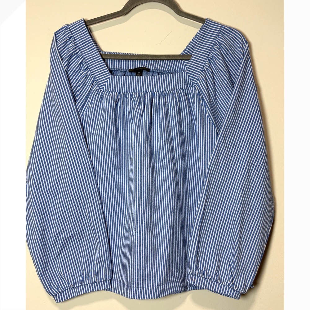 J.Crew Womens Blue White Striped Squareneck SeerSucker Long Sleeve Blouse Size M
